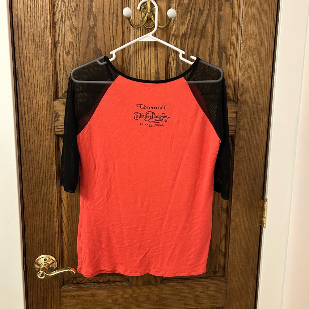 Harley-Davidson El Paso Red and Black Mesh Bejeweled Quarter Sleeve Top Large - Picture 7 of 8